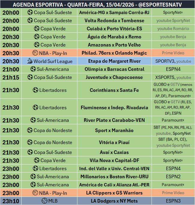 A agenda esportiva desta QUARTA-FEIRA (15/04/2026)