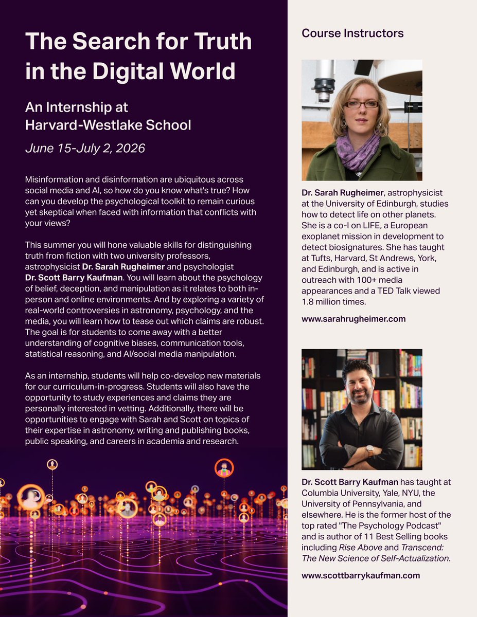 annakaharris's tweet image. Calling all high school students in the LA area! This is an incredible internship opportunity with two of my friends @sbkaufman and Prof Sarah Rugheimer, hosted by @HWSchool June 15-July 2. Spaces are limited! Register: hwleadership.campbrainregistration.com ⁦⁦
⁦⁦@kmele⁩
