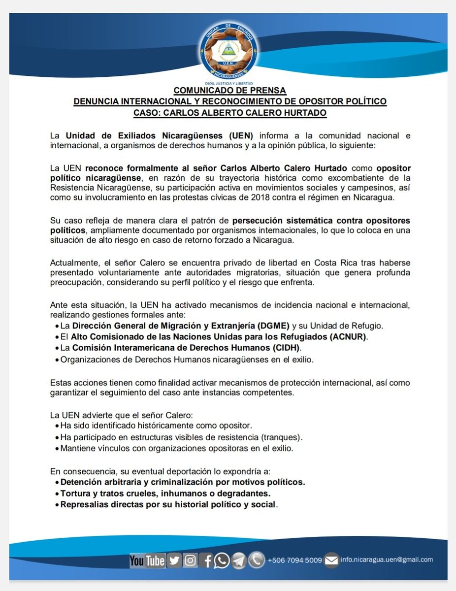 uen19nic's tweet image. ALERTA INTERNACIONAL | NICARAGUA
Reconocemos a Carlos Alberto Calero Hurtado como opositor político y denunciamos el alto riesgo que enfrenta en caso de ser deportado a #Nicaragua.

Su caso ya ha sido elevado ante la #DGME de Costa Rica, #ACNUR y #CIDH.