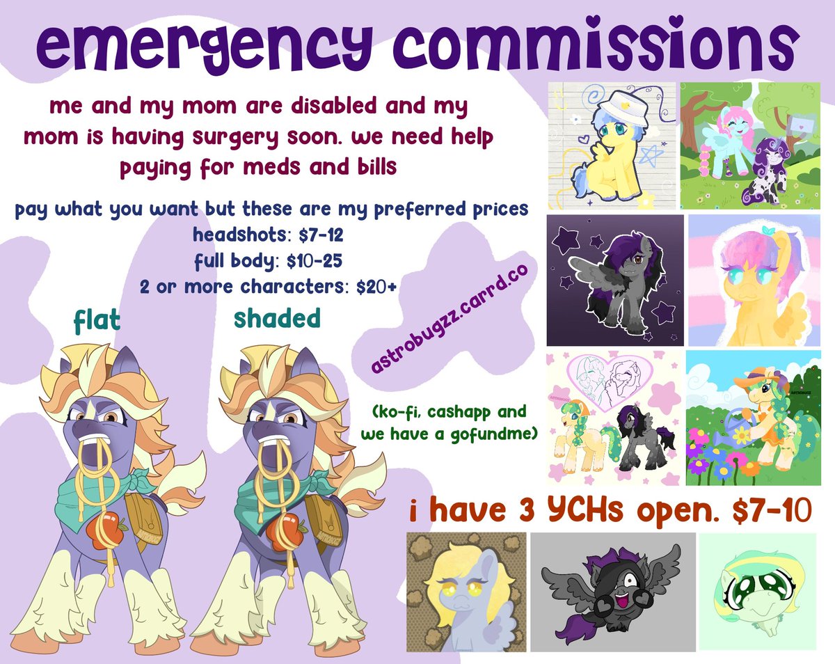 astrobugz_'s tweet photo. EMERGENCY ART C0MMS ARE OPEN AGAIN 
my moms surgery was moved to next week and we really need help paying for meds and bills

read below for more
#mlptwt #mlpart #arttwt https://t.co/Ujnbq4PY9w