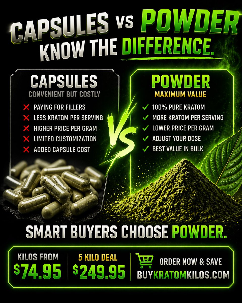 BuyKratomKilos's tweet image. Capsules = convenience
Powder = value

Most people don’t realize how much more they’re paying per gram.

If you use kratom regularly…
powder just makes more sense.

🔥 Kilos from $74.95
👉 buykratomkilos.com

#kratom #kratomcommunity #bulkkratom #kratomkilos
