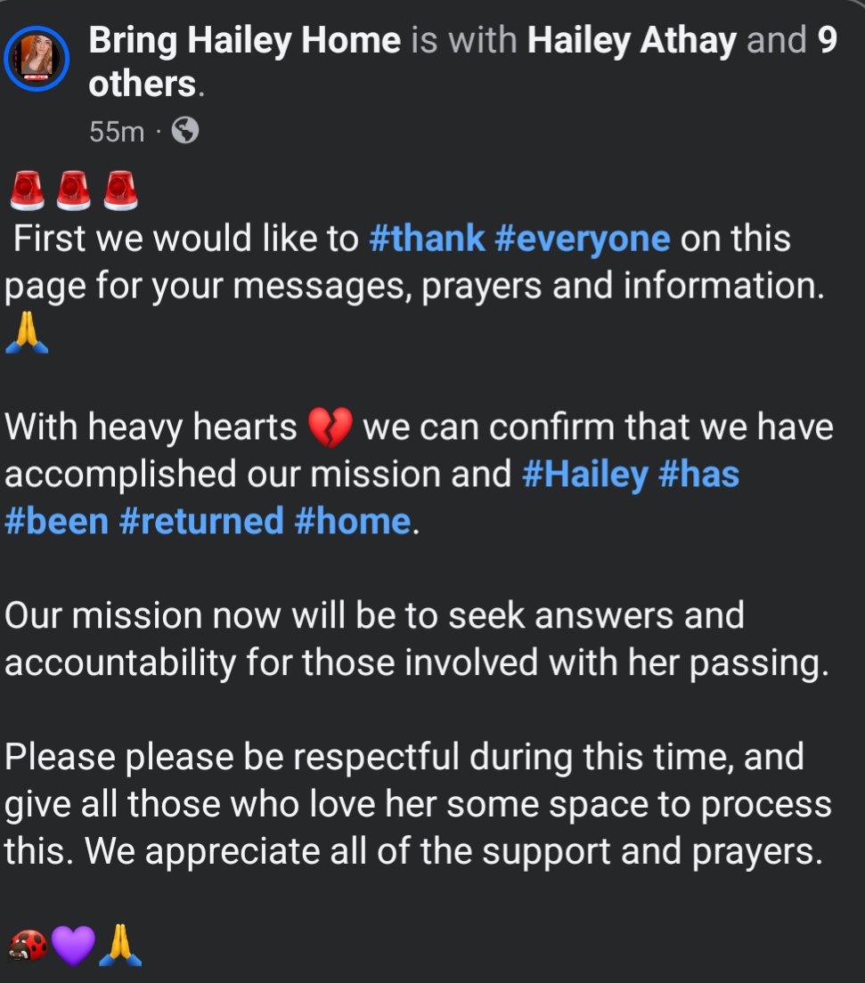 Ill_Be_Frank91's tweet image. 💔🕊️🪶#RestEasyHaileyAthay🪶🕊️💔
With heavy hearts 💔 we can confirm that we have accomplished our mission and #Hailey has been returned home.  

Our mission now will be to seek answers and accountability for those involved with her passing.
#BringHaileyHome