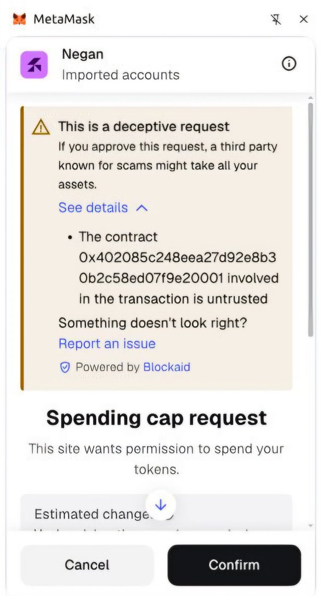 Hey <a href="/blockaid_/">Blockaid</a> &amp; <a href="/jessepollak/">jesse.base.eth</a> 🛡🔵 We are building with the new <a href="/CoinbaseDev/">Coinbase Developer Platform🛡️</a> x402 protocol (gasless Permit2) on <a href="/base/">Base</a>, but <a href="/MetaMask/">MetaMask 🦊</a> is throwing a severe "Deceptive request" false positive!

The official x402 Facilitator contract (0x402085c248eea27d92e8b30b2c58ed07f9e20001) is