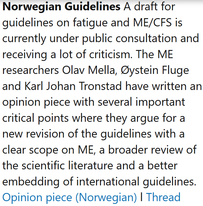 TomKindlon's tweet image. Norway: A draft for guidelines on fatigue and ME/CFS is currently under public consultation and receiving a lot of criticism

aftenposten.no/meninger/debat…

Google translation:
www-aftenposten-no.translate.goog/meninger/debat…

Screenshot from latest Science for ME weekly update

#MEcfs #PwME