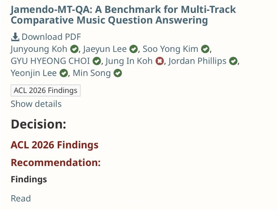 JUNFROMAI's tweet photo. I'm happy to share that our paper, 'Jamendo-MT-QA : A Benchmark for Multi-Track Comparative Music Question Answering' has been accepted at #ACL2026 Findings! @aclmeeting 

A huge thanks to all my co-authors and proud to be lead of #MAAP Music AI Community LAB! https://t.co/BlHVwp8RXO