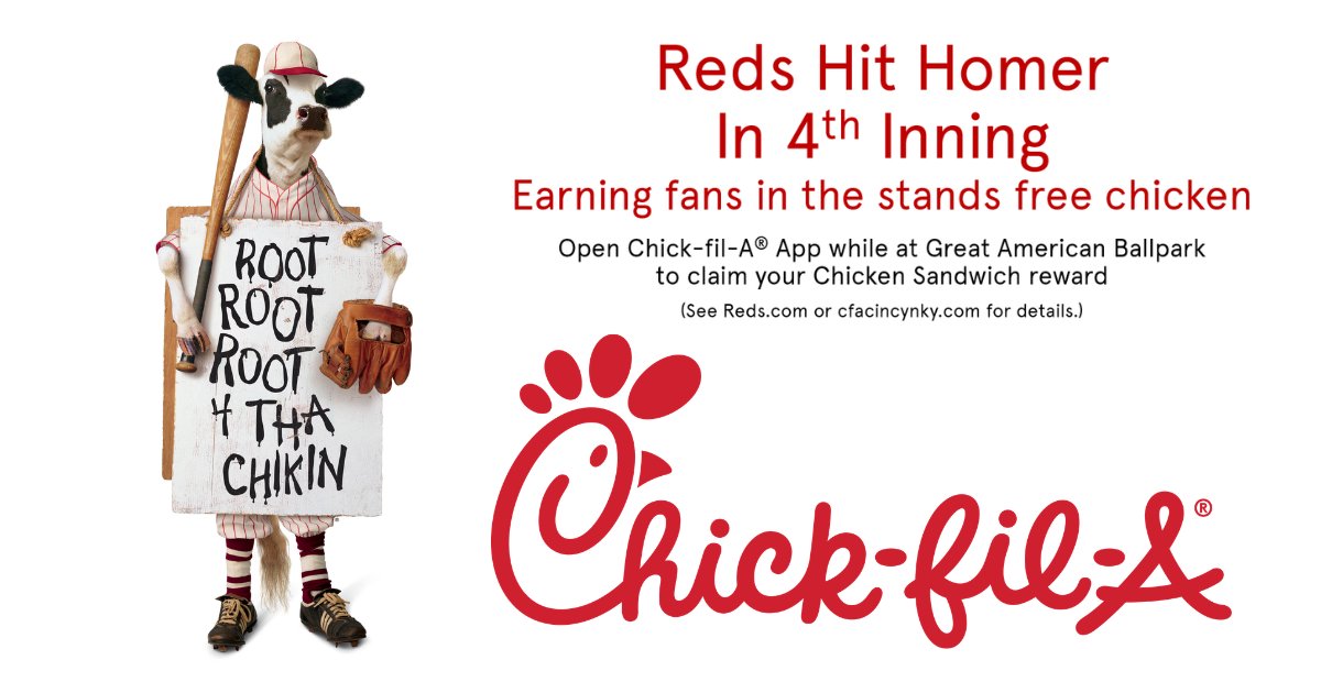 CFACINCYNKY's tweet photo. Sal Stewart hit a homer in the 4th, earning Reds fans in the stands a free chicken sandwich tonight. Must be at GABP with locations enabled to claim offer in the Chick-fil-A app tonight. One per person per app. While supplies last. See stores for details. https://t.co/LNxqujBYYF