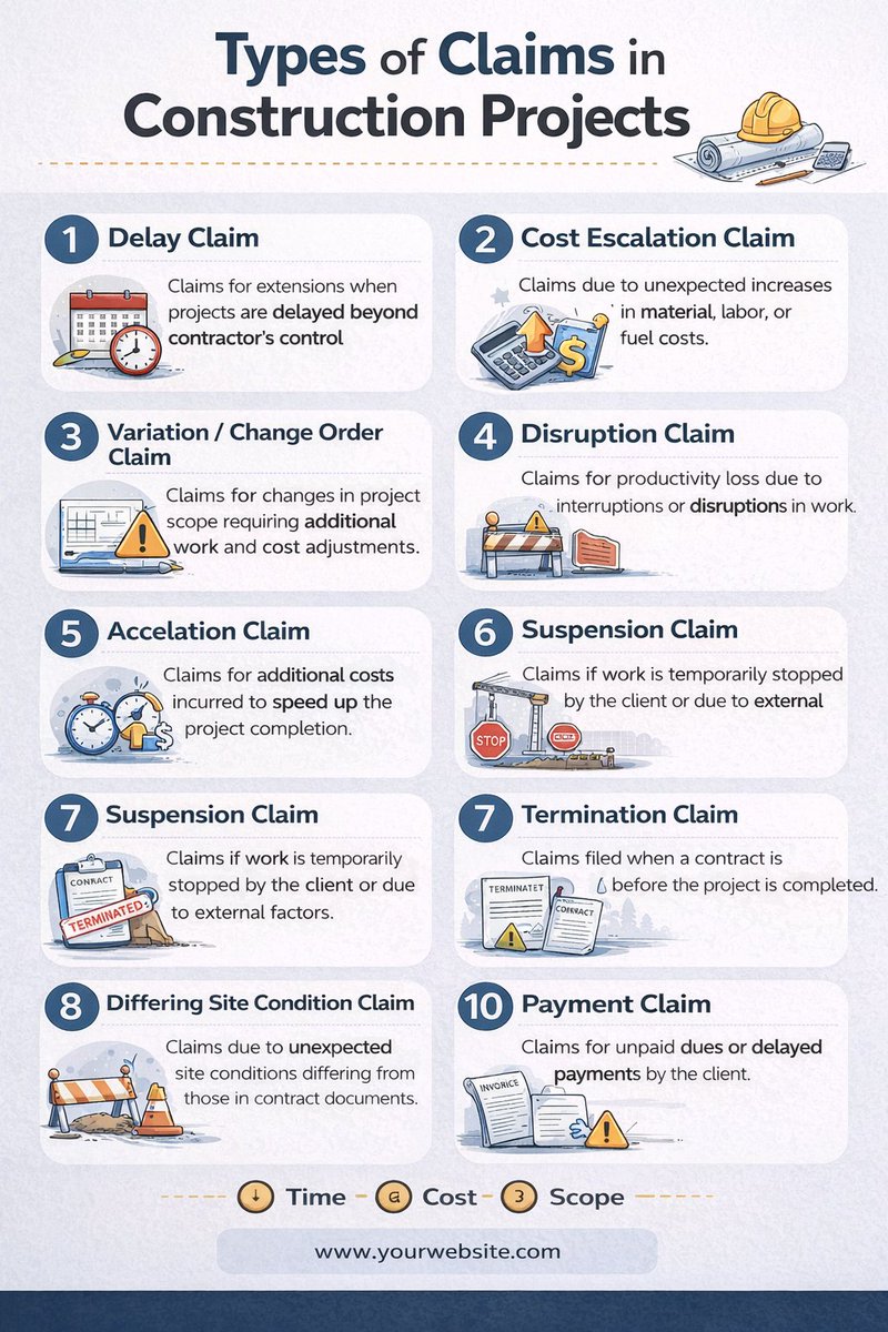 IamAzhar0395's tweet image. Understanding the Types of Claims in Construction Projects is essential for every civil engineer and contractor.
#CivilEngineering #ConstructionManagement #ProjectManagement #QuantitySurveying #SiteEngineering #ConstructionClaims