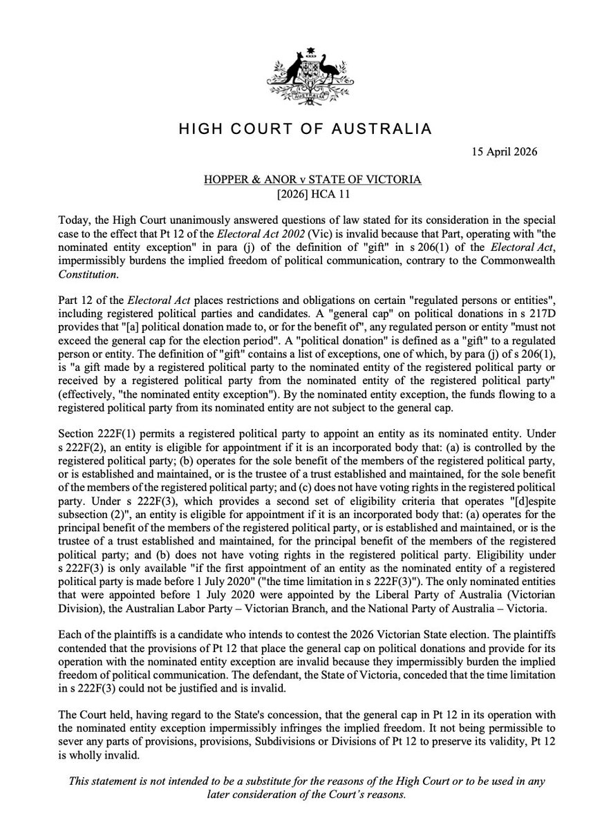 MrRexPatrick's tweet image. It’s great to see that our Constitution (and the High Court) protects citizen (in this case Victorian citizens) from the duopoly in the (Victorian) Parliament tilting electoral laws in their own favour. #auspol #democracy #independents💪
