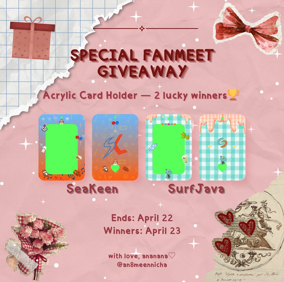 an8meennicha's tweet photo. 🎀 SPECIAL FANMEET GIVEAWAY 🎀

Cahol for 2 lucky winners ✨

Entry:
• Follow + Like &amp; RT
• Reply: ur pick + since when u stan Seakeen/SurfJava 💌
• Indo only / must have Indonesian address

Ends: April 22
Winners: April 23

#SeaKeenFanMeeting  #SurfJavaFanMeeting https://t.co/petIaqv7OB