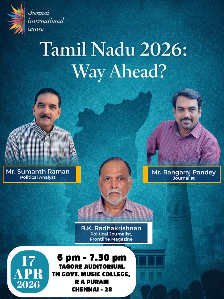 CIC_Chennai's tweet photo. Tamil Nadu 2026 is coming. But are we asking the right questions?

With Sumanth Raman, Rangaraj Pandey &amp; R. K. Radhakrishnan.

🗓 Apr 17 | 🕕 6 PM
📍 Chennai

#TN2026 #CICChennai https://t.co/NujClZ6poH