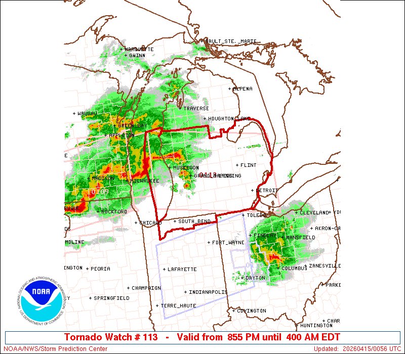 NWSSPC's tweet image. 7:57pm CDT #SPC_Watch WW 113 TORNADO IN MI LE LH LM 150055Z - 150800Z, #inwx #miwx #lewx #lhwx #lmwx, spc.noaa.gov/products/watch…
