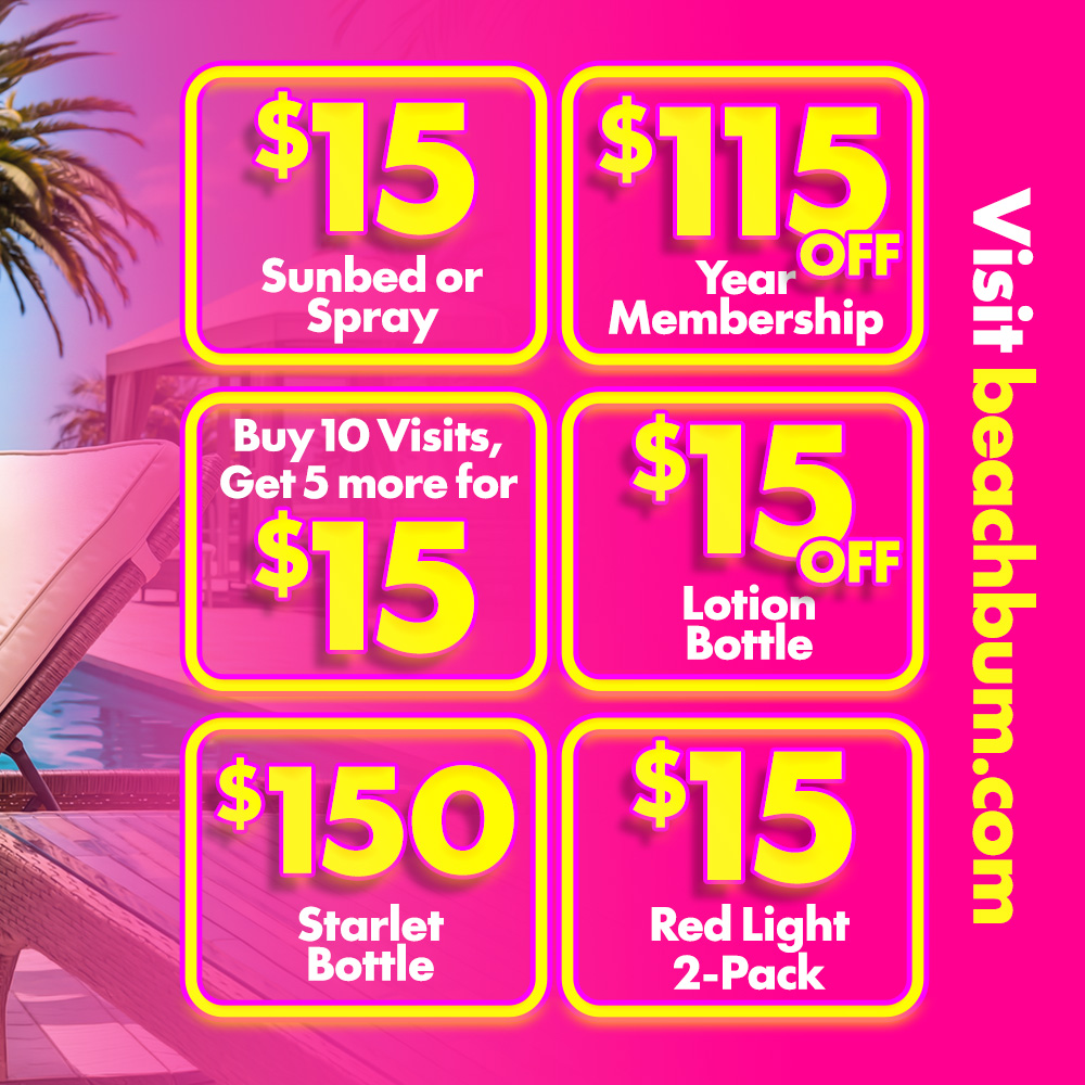 beachbumtanning's tweet photo. We're taking the edge off Tax Day. 💸

Consider this an excuse to treat yourself:
1️⃣ $15 Sunbed or Spray Session
2️⃣ $115 OFF Year Membership
3️⃣ Buy 10 Visits, Get 5 More for $15
4️⃣ $15 OFF Lotion Bottle
5️⃣ $150 Bottle of Starlet
6️⃣ $15 Red Light 2-Pack

📅 Deals Valid 4/15 ONLY
🎟️ Get coupons here: https://t.co/WiNsUENaWN