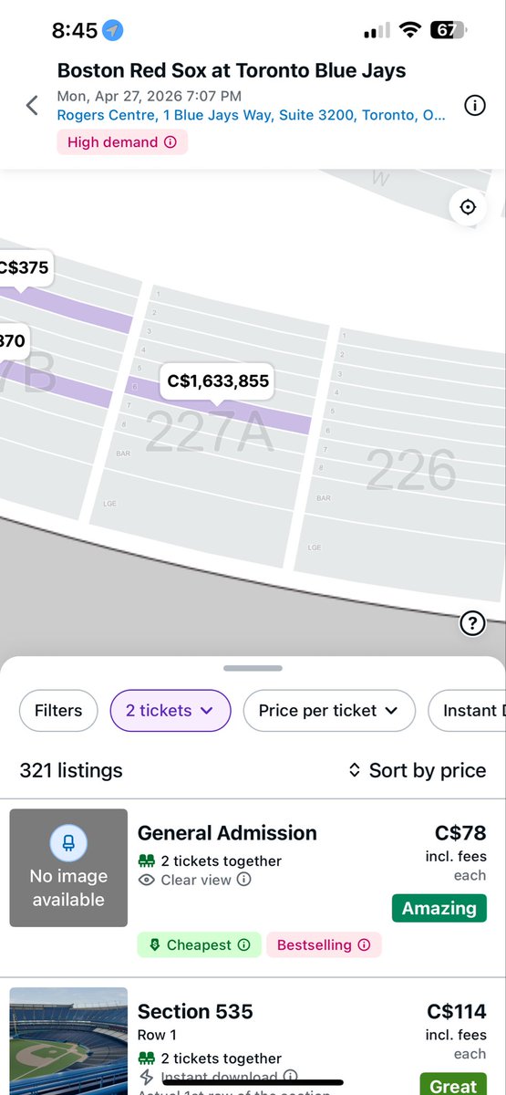 ReannaHowell17's tweet photo. @fordnation I get that this is likely someone just messing around and isn’t legitimately looking to sell at that price but I think it is ludacris that it is legal to set a price this high. It’s time to bring back the bill that you repealed that put limits on resellers. https://t.co/MwHzhGZzkW