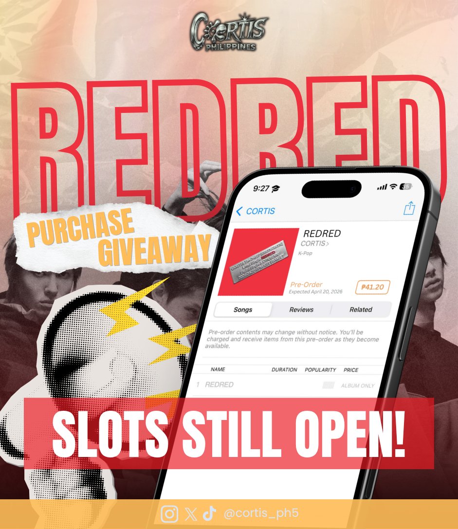 cortisphbase's tweet photo. 🚨 Paint the charts REDRED! ❤️📊

Slots are STILL OPEN for our REDRED PURCHASE GIVEAWAY — we’re giving out 100 SLOTS IN TOTAL, and you can still secure yours! If you’ve been waiting for the perfect time to support CORTIS on iTunes, this is your sign 👀

🎯 MECHANICS:
• Must be a member of the REDRED PH TEAM
• Must provide PROOF OF PURCHASE
• Must have an X account
• Must have the iTunes app

🔗 Join the REDRED PH TEAM here: https://t.co/PehmFdv5rj

#CORTIS #코르티스 #CORTIS_REDRED #GREENGREEN #REDREDGiveaway #CORTISPHILIPPINES