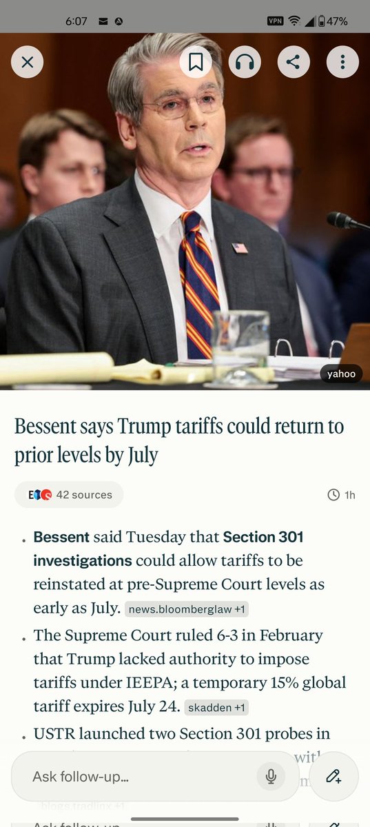 alvarezzis6's tweet image. Bessent said Tuesday that Section 301 investigations could allow tariffs to be reinstated at pre-Supreme Court levels as early as July
The Supreme Court ruled 6-3 in February that Trump lacked authority to impose tariffs under IEEPA; a temporary 15% global tariff expires July 24