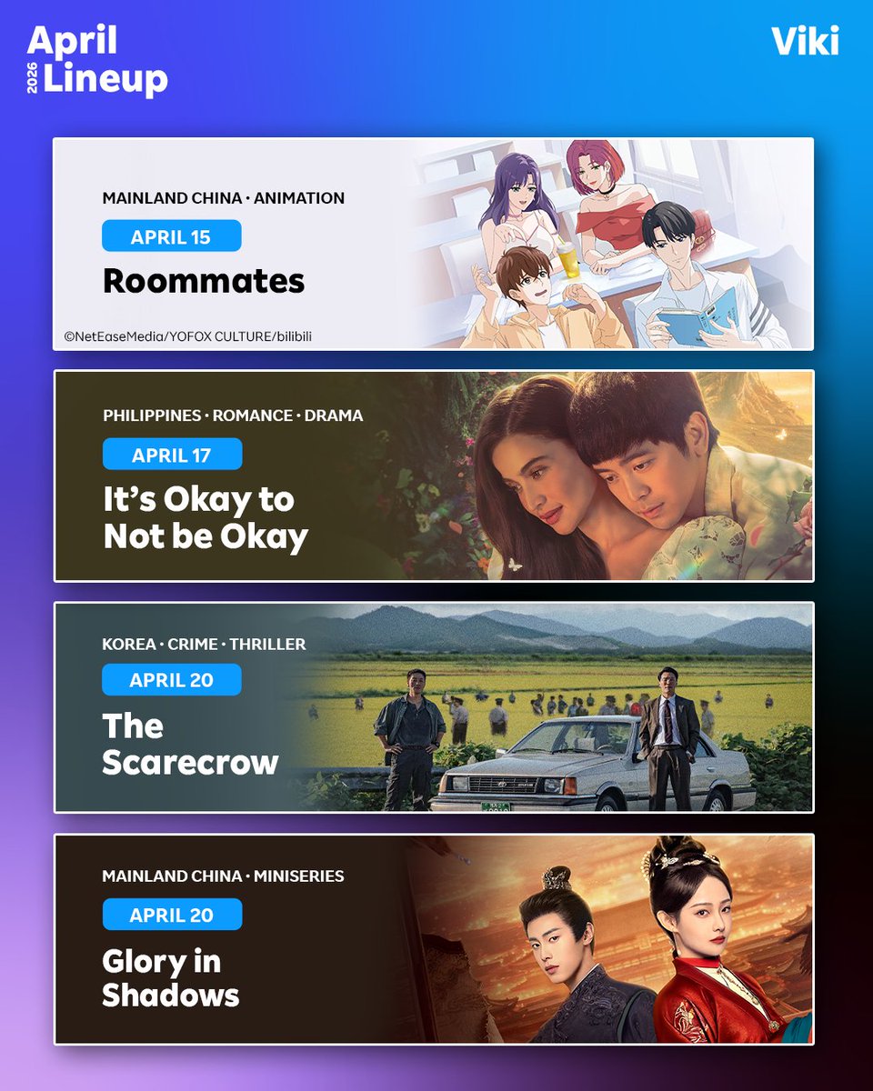 Viki's tweet image. April arrivals incoming. These are just a few highlights—stay tuned for more all month on #Viki 🩵🎬