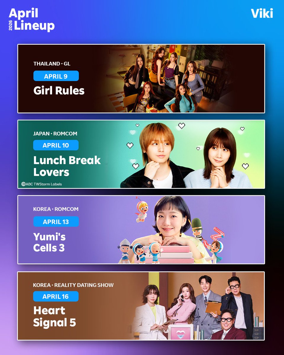 Viki's tweet image. April arrivals incoming. These are just a few highlights—stay tuned for more all month on #Viki 🩵🎬