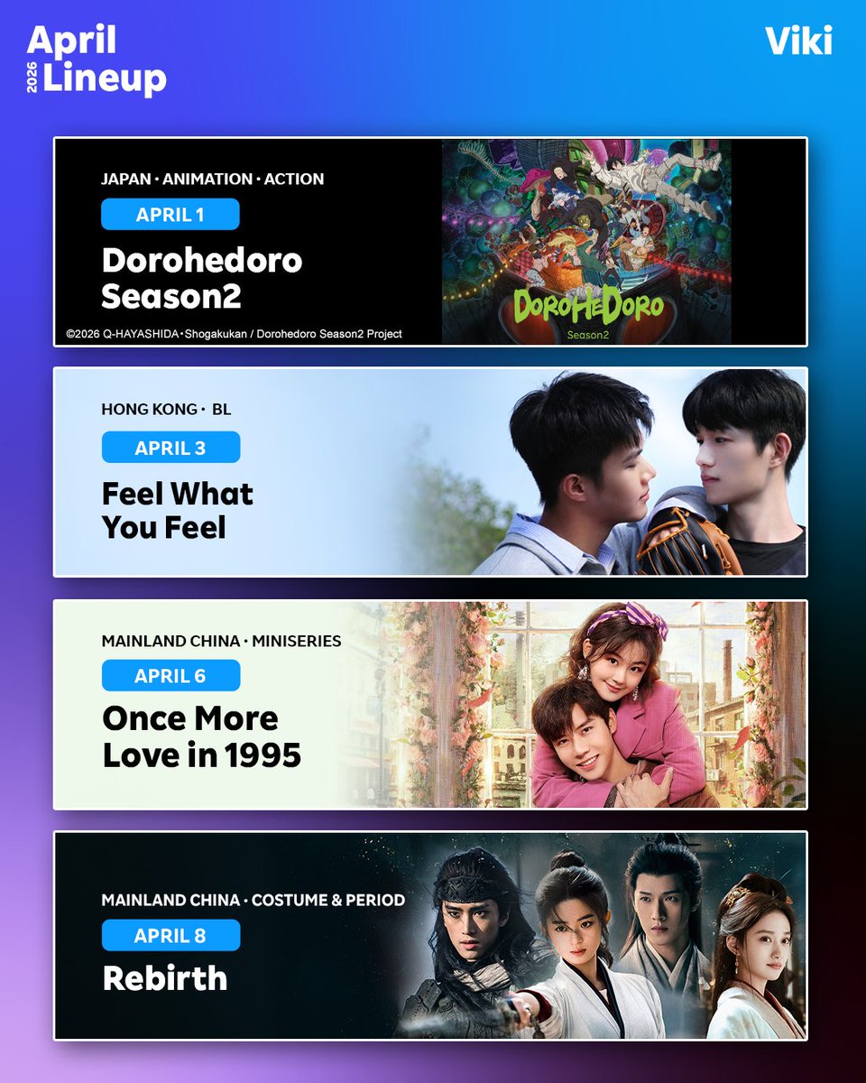 Viki's tweet image. April arrivals incoming. These are just a few highlights—stay tuned for more all month on #Viki 🩵🎬