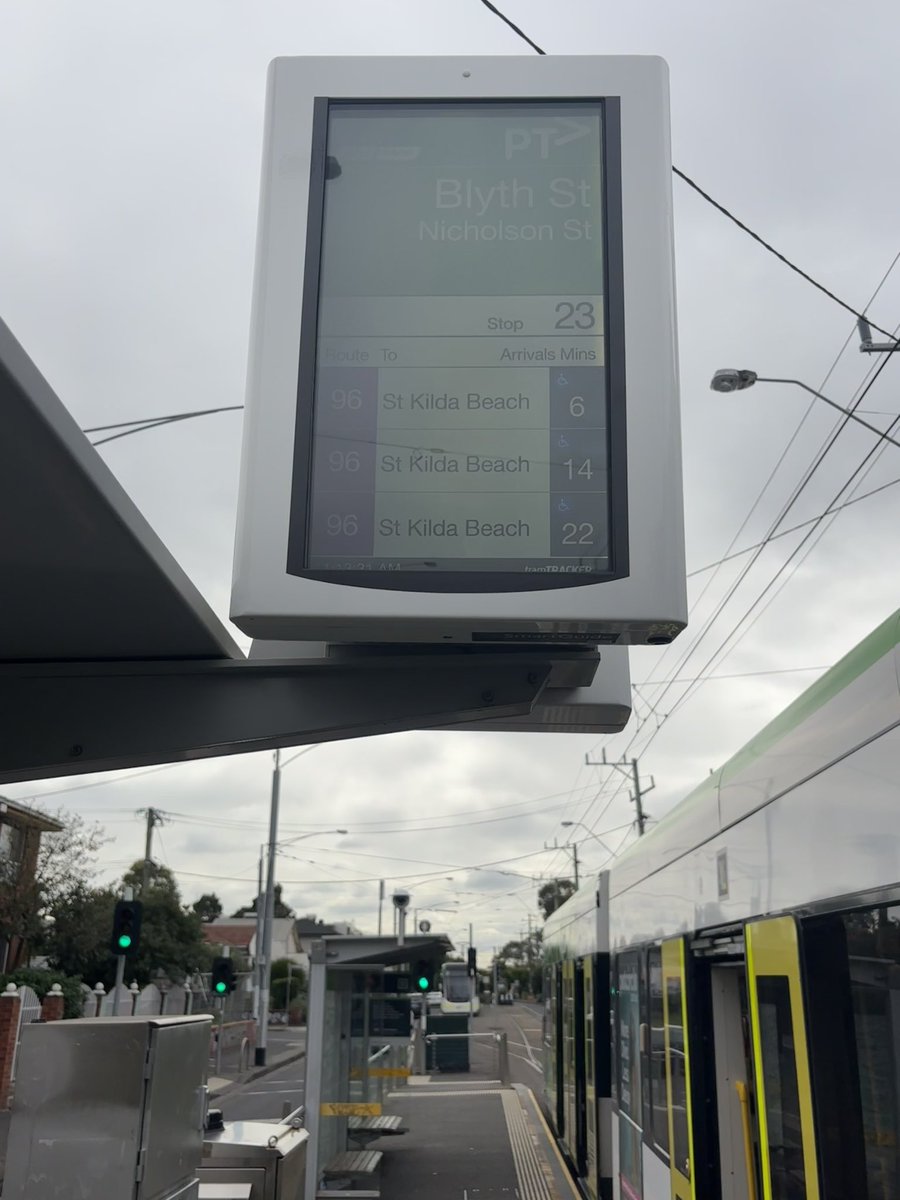 pixeltoofar's tweet image. Good morning @yarratrams 
The end of the 96 tram line in East Brunswick. The screen says 6 min for the next tram but the tram 🚃 is actually here leaving now. See photo. 

I think there might be a problem that needs to be fixed. 

Thanks heaps! #trams #melbourne #PID