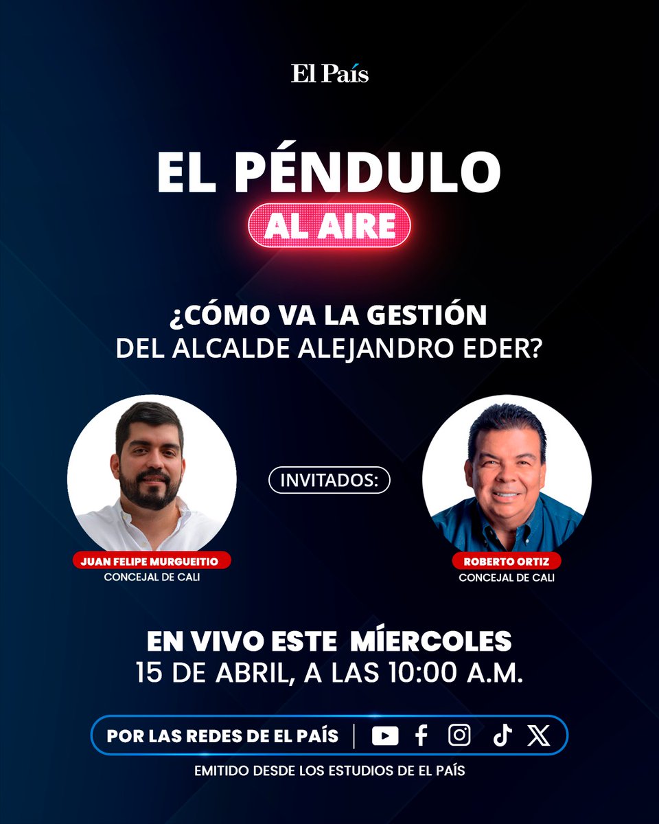 robertoortizu's tweet photo. Este miércoles 15 de abril estaremos en vivo por los canales de El País Cali analizando la gestión del alcalde Alejandro Eder.

¿Qué tal va la ciudad? ¿Cuáles son los avances y los pendientes?

¡No te lo pierdas! Sigue la transmisión en los canales de @elpaiscali. https://t.co/zWrtkeRl7m