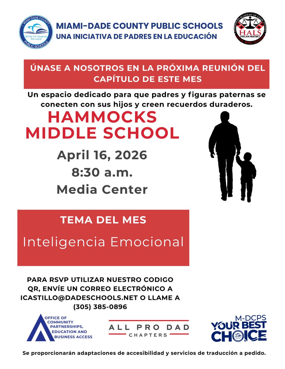 HammocksMiddle's tweet photo. Hammocks invites all fathers and father figures to an important and informational meeting about Emotional Intelligence this Thursday at 8:30 a.m. in our media center. @SuptDotres @MDCPSSouth @miamimagnets @MDCPS #allprodad
#YourBestChoiceMDCPS https://t.co/RNoZrZSZK8
