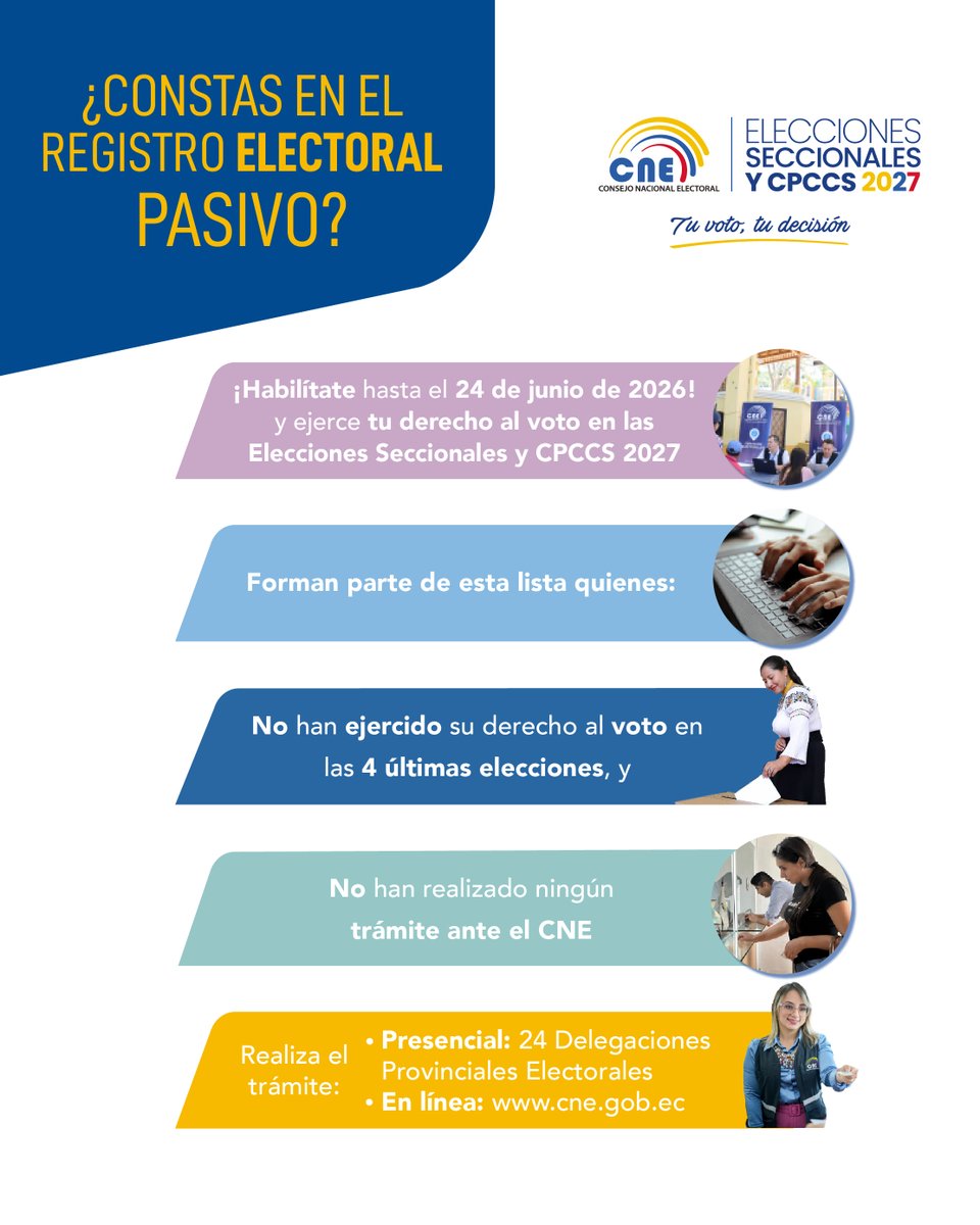 ¡Si constas en el Registro Electoral Pasivo, esta información es para ti! 😳

✅ Realiza tu trámite y habilítate hasta el 24 de junio de 2026 para votar en las #Elecciones2027Ec y del #CPCCS. 🔎⬇️

¡Tu voto, tu decisión! 🇪🇨