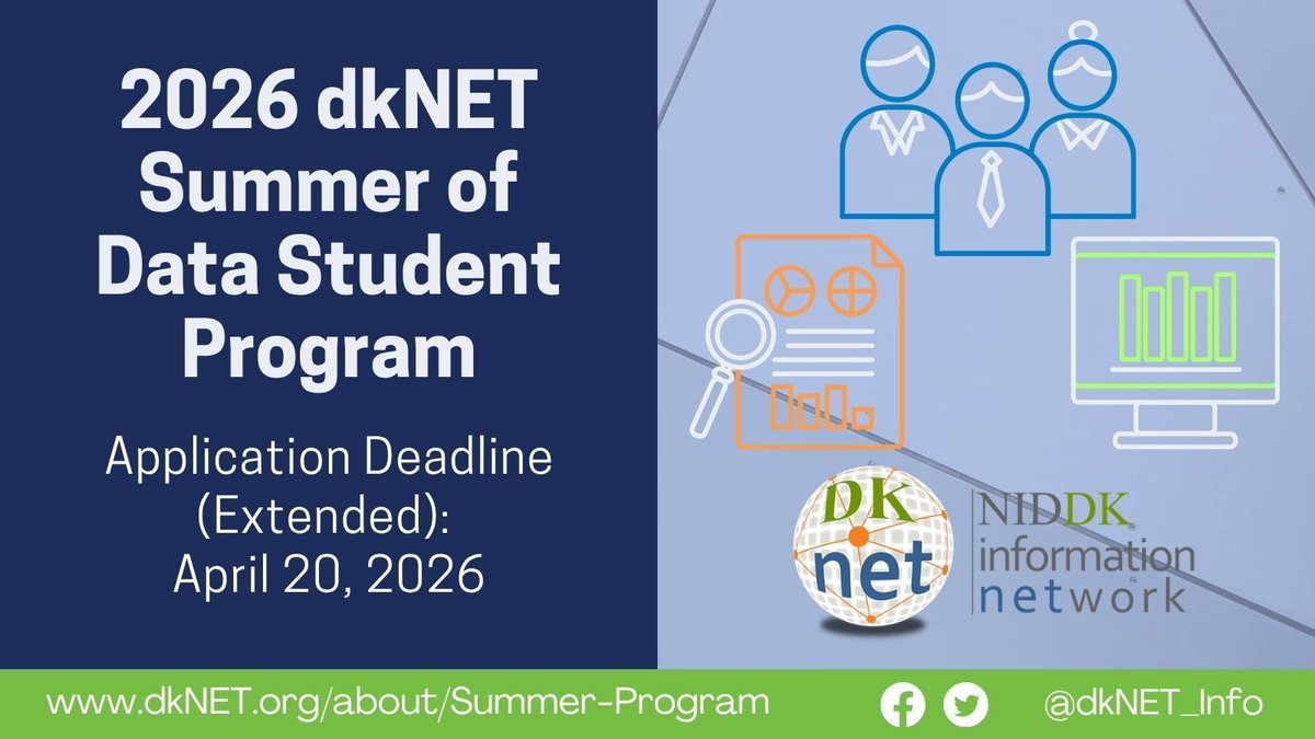 dkNET_Info's tweet image. The deadline was extended - so students, don’t wait!
The dkNET Summer of Data Student Program applications are due April 20, 2026! (dknet.org/about/Summer-P…)
 #FAIRdata #DataScience #reproducibility #rigor #bioinformatics