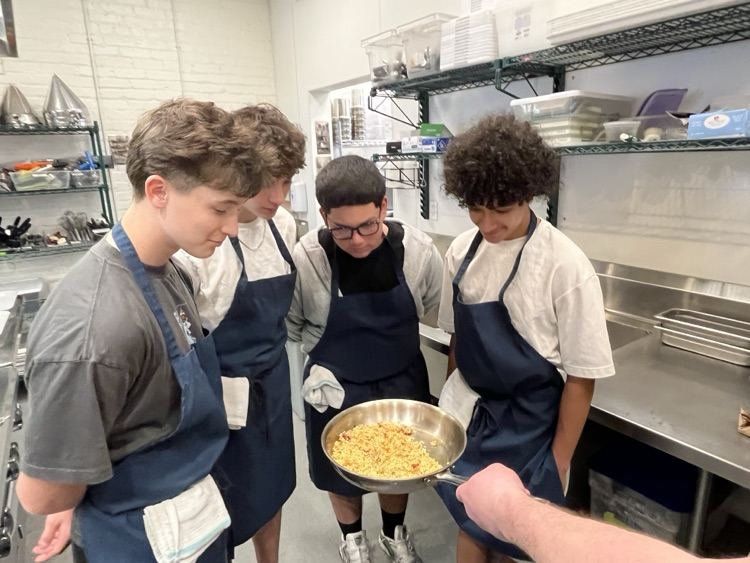 NHSBraves's tweet photo. Spanish 1 ACP students visited the SCCC Culinary Institute today. Students reviewed food and kitchen vocabulary in Spanish while Chef Martin instructed students on how to prepare authentic paella. https://t.co/6xxwoOJCbf