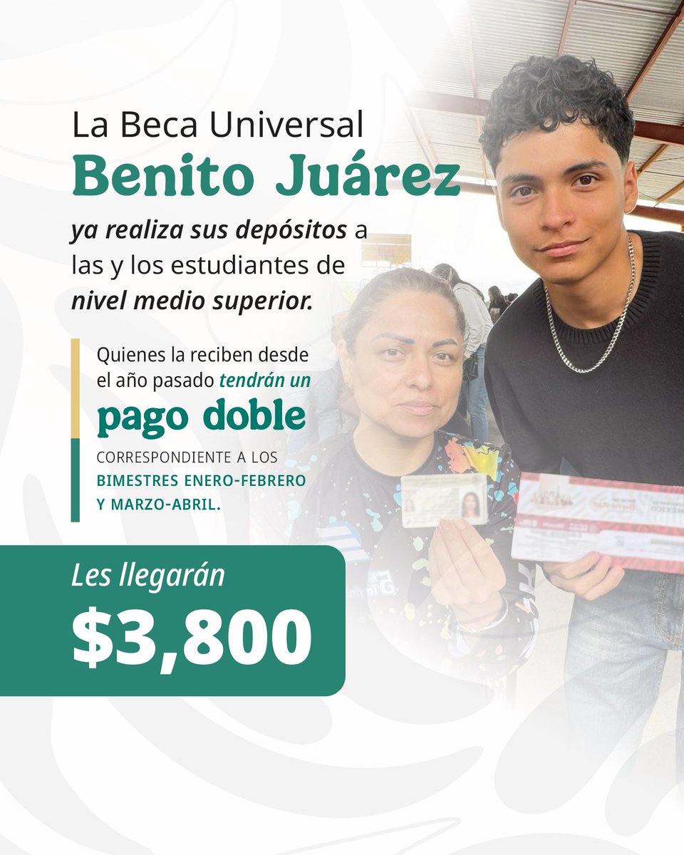apoyosbienestar's tweet image. ¿Estudias la preparatoria y recibes la #BecaBenitoJuárez desde el año pasado? Tu pago ya está en marcha. 💳

Recibirás juntos los montos de los bimestres enero-febrero y marzo-abril.

Consulta el calendario de pagos completo: tinyurl.com/BecasPagoDoble…