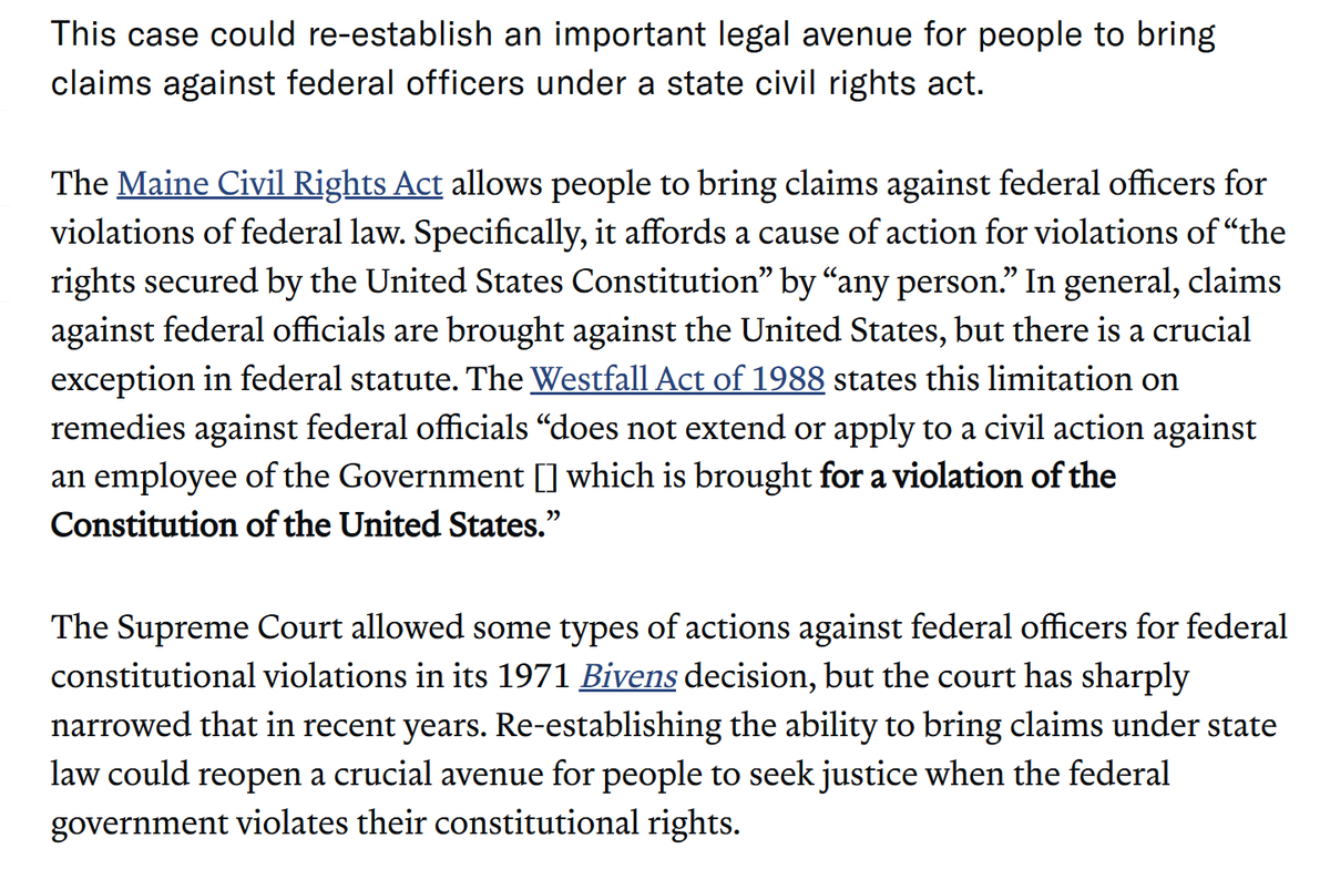 ReichlinMelnick's tweet photo. IMPORTANT: Under federal law, it's very hard, at times near-impossible, to sue federal law enforcement officers for civil rights violations. But legal theorists have said for decades that there is a possible way to sue under state law instead.

This is a VERY important test case. https://t.co/PjgIdOWyQe