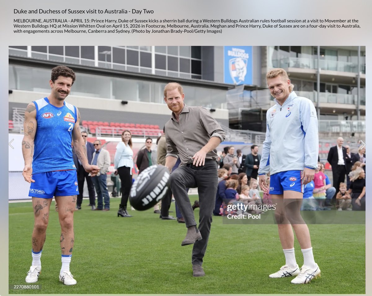 royalwhisper's tweet image. Prince Harry, kicks a sherrin ball during a Western Bulldogs Australian rules football session at a visit to Movember at the Western Bulldogs HQ at Mission Whitten Oval on April 15, 2026 #gettyimages
#HarryandMeghaninAustralia