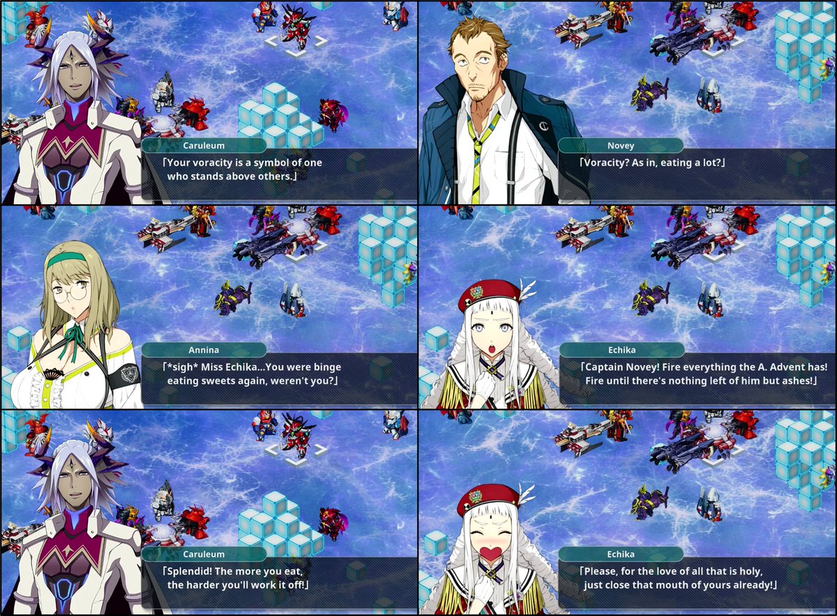 SRW Y: Caruleum (30 OG) is the only character in the entire game capable of annoying Echika so much that the usually polite &amp; composed girl ends up stress eating &amp; tries desperately to shut him up 
youtu.be/0gIXZLy-Bbg?si…