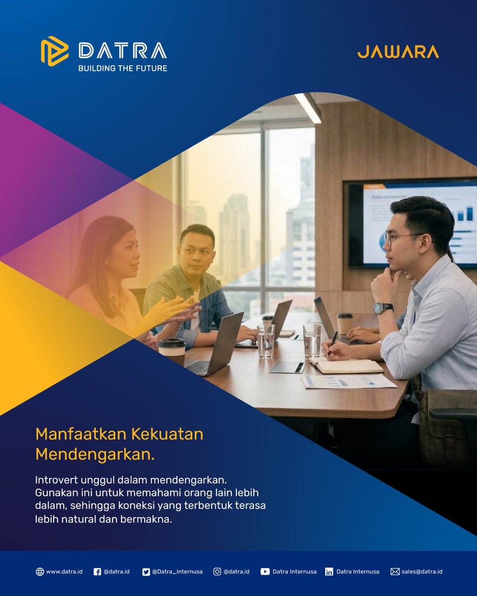 Datra_Internusa's tweet image. Buat kamu para introvert yang lebih nyaman di “low-key mode”, mungkin ini sudut pandang yang belum banyak dibahas dan bisa jadi game changer di cara kamu berinteraksi di kantor!

#datra #JAWARAAKRAB #corevalues