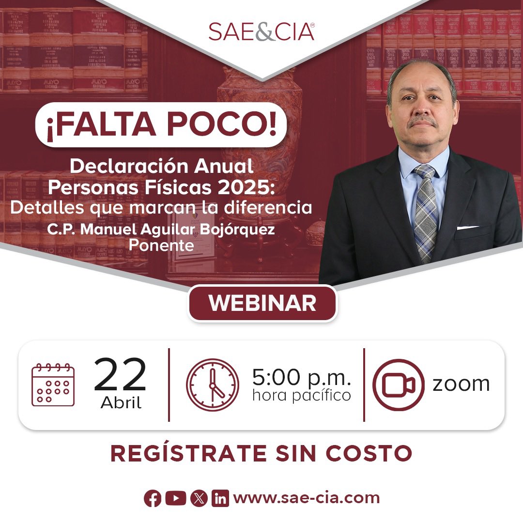 saecia_abogados's tweet photo. ¡Falta poco!

Resuelve tus dudas y conoce los detalles clave para tu Declaración Anual de Personas Físicas 2025.

22 de Abril | 5:00 p.m. (PT) | Vía Zoom

🔗 Registrate sin costo: https://t.co/PYI6LsEMNM
#SAECIA #Fiscal https://t.co/LgzLEjSJJp