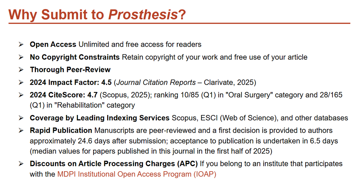 🎉 A huge milestone for Prosthesis!
We are thrilled to announce that total submissions have surpassed 1000 – a testament to the trust and support of our authors, reviewers, and editors worldwide.

👇 Check out the benefits of publishing with us ⬇️
#Prosthesis #MDPI #OpenAccess