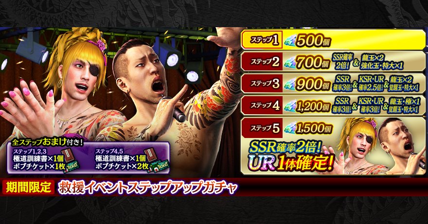 【救援イベントステップアップガチャ開催！】
新URキャラクターゴロ美(救Ⅱ)、南 大作(救Ⅱ)が登場！
5ステップ目で新URキャラクターが1体確定！
さらにガチャを引くたびに極道訓練書、ボブチケットが付いてくる！
詳細はこちら↓
ryu.sega-online.jp/news/5375/ #龍オン