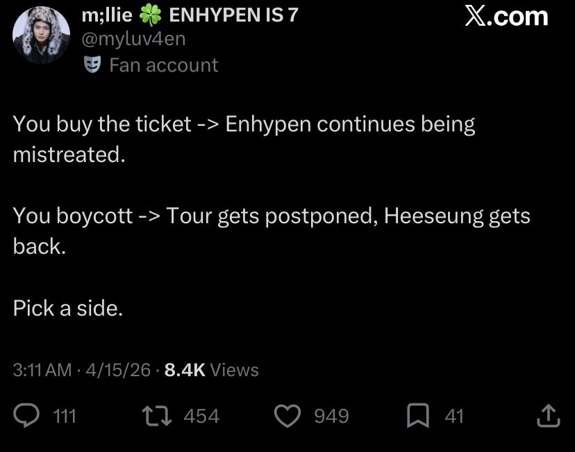 simjaeuni's tweet photo. y’all pushed boycott narratives in the name of “mistreatment” just to turn around and weaponize it like:

“bring him back or no sales” this is how dumb y'all sound rn

so in y'all's eyes, the six members are what? collateral damage? props in your little strategy plan? it's high time you admit this boycott was never about their wellbeing… y’all literally reduced them to leverage for your agenda! 

the six members are the ones showing up, performing, and preparing this tour while carrying the weight of a situation they didn’t even create. they’re the ones facing the pressure, the uncertainty, and the consequences of all this mess in real time 

y'all are so comfortable making demands while the members are the ones carrying the fallout! and you still have the nerve to call this “support”… y'all are not the "good fans" y'all claim to be! at what point do y’all pests get embarrassed and just stop & leave gtfo!