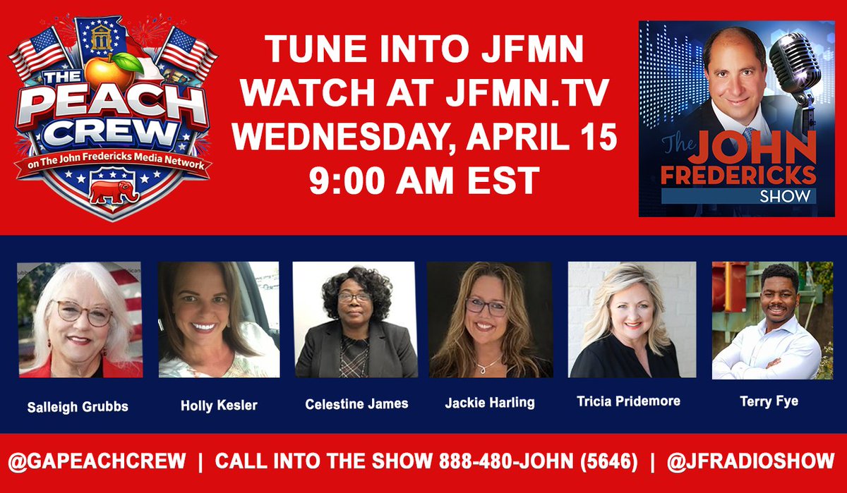 jfradioshow's tweet photo. #JFRS #WEDNESDAY #GodzillaOfTruth 

The Peach Crew
9:00 AM -10:00 AM ET
LINE-UP - Watch Live at https://t.co/ONWXKVJanu

9:00 AM ET @PeachCrewGA @1stvcgagop @hollykesler
9:00 AM ET @TriciaPridemorePSC
9:30 AM ET @TerryFyeGA

Taking Your Calls!!! 888-480-JOHN (5646)

Download the APP at:
https://t.co/x73b5KViMQ

Stream Live on #GettrLIVE @jfradioshow
https://t.co/EymSgYmtb2