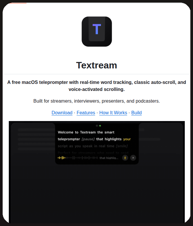 tom_doerr's tweet image. macOS teleprompter with voice-activated scrolling

github.com/f/textream