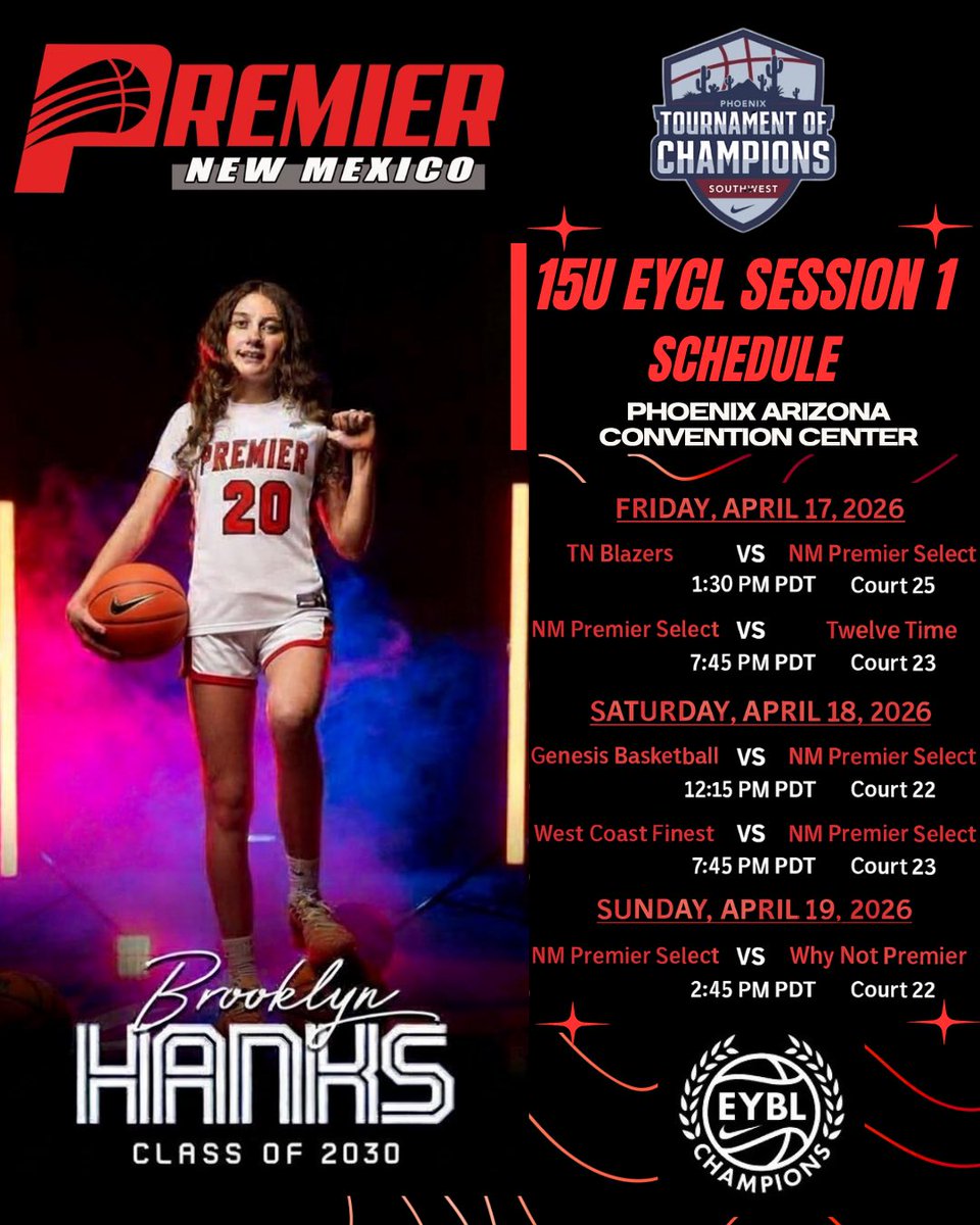 ballerbrooke4's tweet photo. Nike EYBL Champions 15u Session I schedule. Ready for Phoenix! 🏀🔥 @NM_Premier 

#2026EYCL
#Phoenix
#EarnedNotGiven 
#PremierFamily
#2030 https://t.co/pWN4Up8WDw