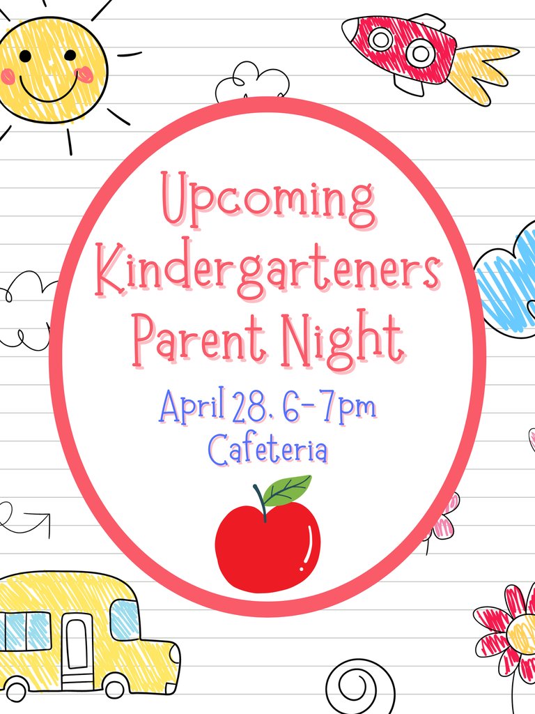 If you have a child starting Kindergarten in August, we welcome you to come for an informational evening on April 28th at 6:00. We will share information about how to prepare your child for school and answer any questions you may have. We look forward to meeting you!