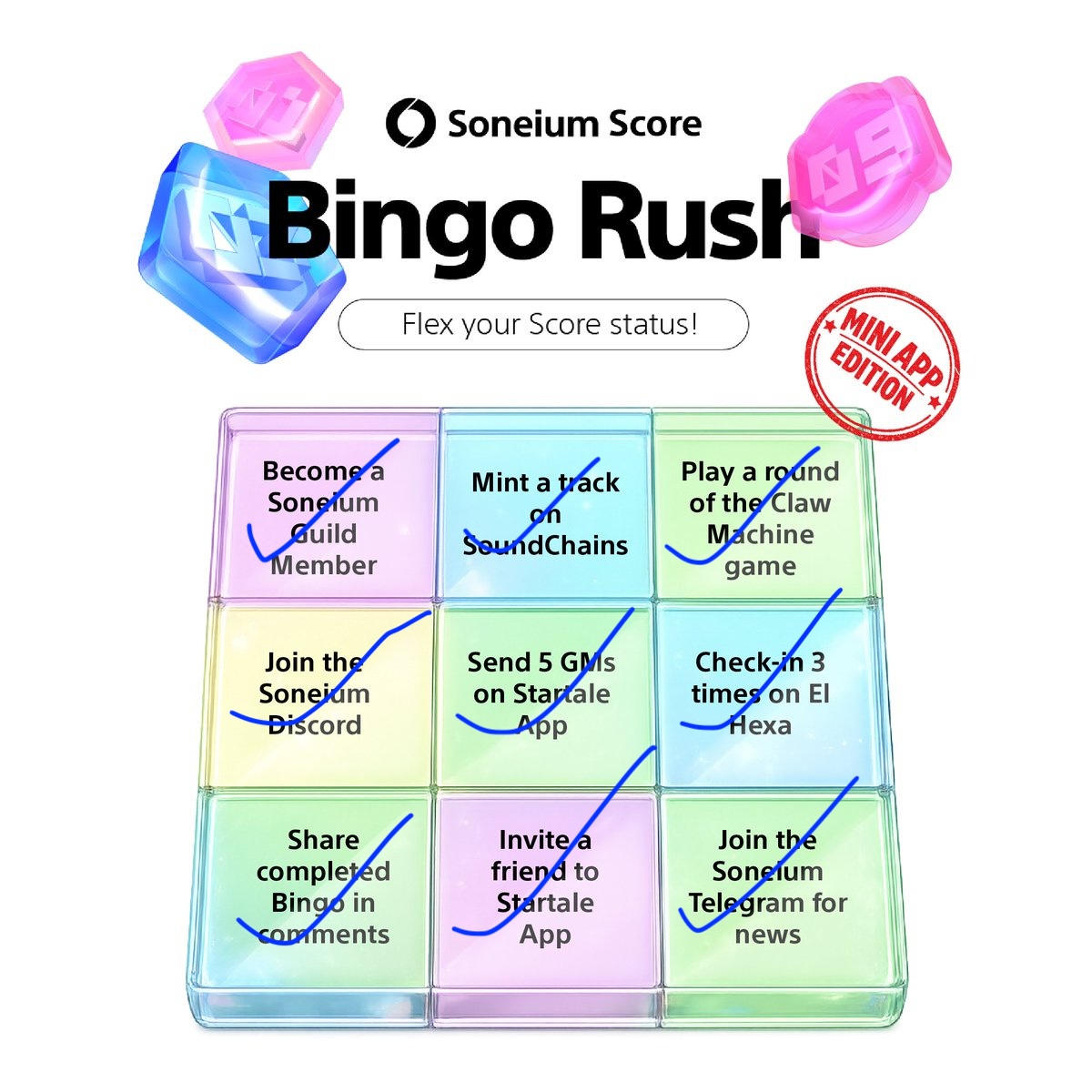 Mirage_Tea's tweet photo. @soneium bingo complete, score getting there https://t.co/L6Uu8FosxM