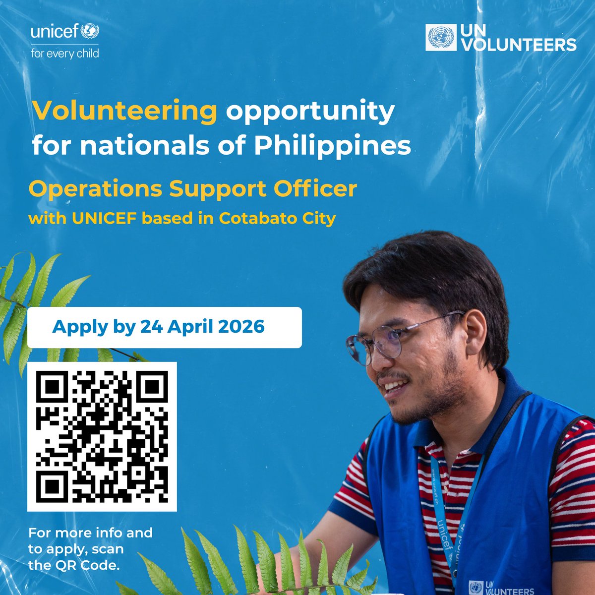 UNPhilippines's tweet image. Do you have experience in #operations and #administration support in #Philippines ?
@unicefphils is recruiting an Operations Support Officer (National UN Volunteer Specialist) to join the team in #Cotabato City.
📷 Deadline : 24 April 2026
📷 Apply here➡️ bit.ly/4dAwAVJ