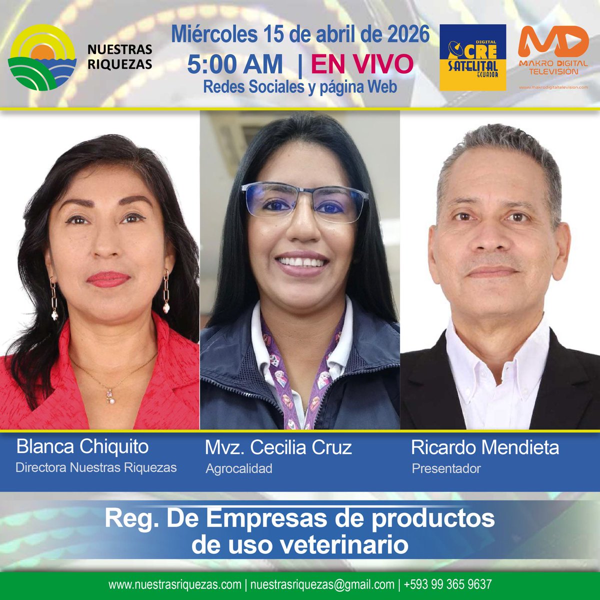 En <a href="/nuestra_riqueza/">Nuestras Riquezas</a>  contaremos con la presencia de la Mvz. Cecilia Cruz de <a href="/AgrocalidadEC/">Agrocalidad</a>  en una #entrevista que Usted no se puede perder. 
#seguidores