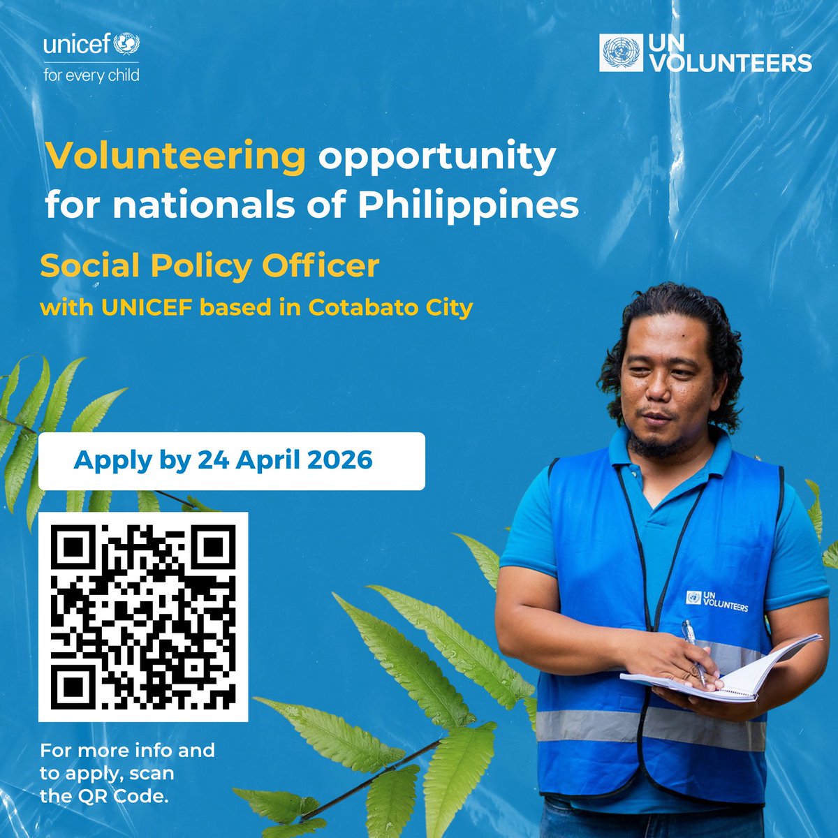 UNPhilippines's tweet image. 📷 Do you have experience in social #policy and social #protection in #Philippines ?
@unicefphils is recruiting a Social Policy Officer (National UN Volunteer Specialist) to join the team in #Cotabato City.
📷 Deadline : 24 April 2026
📷 Apply here: bit.ly/4tEQ54i