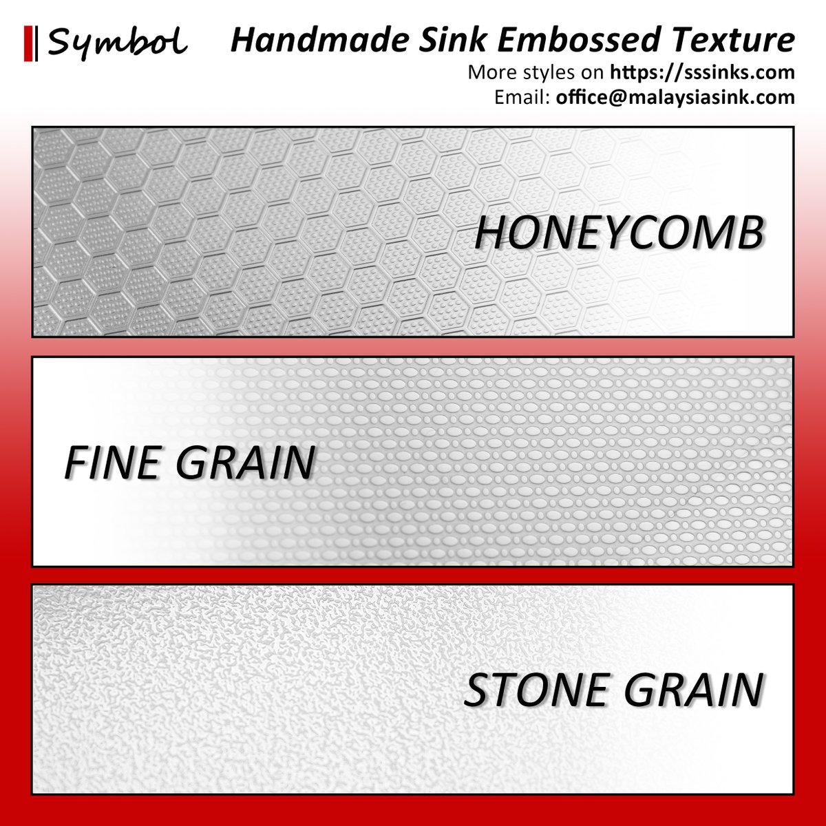 SymbolSteel's tweet photo. Classic quality meets tactile innovation. Symbol introduces three new handmade embossed textures—Honeycomb, Stone Grain, and Fine Grain—offering bold geometry and natural aesthetics for a distinctive look and feel.

#SymbolSink #Manufacturing #Innovation #StainlessSteel https://t.co/5z3coFA7Oj
