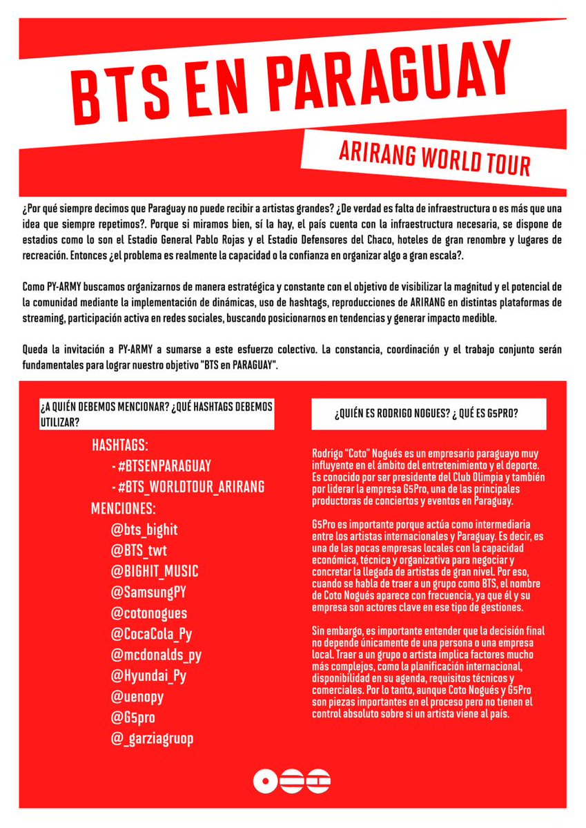 🇵🇾 | Hola PY-ARMY, como saben ya existen fechas en nuestros países vecinos (y con la posibilidad de agregar más), queremos que Paraguay esté entre esas opciones.
Buscamos hacernos notar en tendencias, queremos mostrar todo nuestro alcance y demostrar que sí hay público.