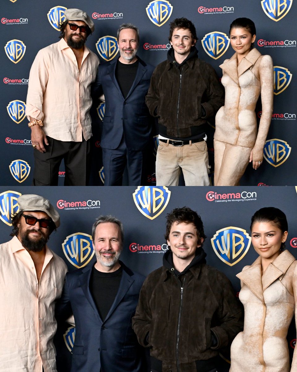 HugoGloss's tweet photo. Mais um dia da CinemaCon 2026! O evento reuniu astros como Zendaya, Timothée Chalamet e Jason Momoa, além do diretor Denis Villeneuve. O quarteto marcou presença para divulgar #Duna3, que estreia em 17 de dezembro. O que é a beleza dessa mulher, gente?! 😮💨
📸: Getty https://t.co/yjQXhsu8kn