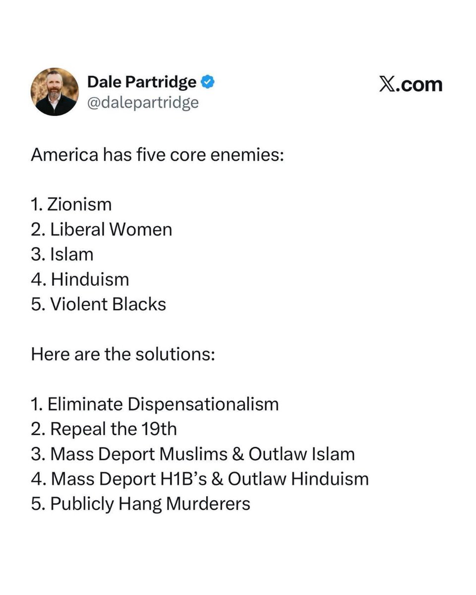 TalbertSwan's tweet photo. The caucacity of this racist, white nationalist, pastor is breathtaking. He’s a weak, arrogant, little man standing on centuries of colonization, slavery, lynching, and global warfare, yet has the nerve to label Black people as “violent,” while history is still dripping with the bloodshed of people unjustly slaughtered by those he represents.

You don’t get to rewrite reality from a pulpit built on bones. Fix your own house, Dale,  before pointing fingers.

According to the FBI (https://t.co/BiH2BP6F1h), white people commit 69.6% of all crimes, 67.6% of rapes, 62.8% of aggravated assault, 68.4% of burglaries, and 72% of sex offenses. Most are committed by white men that claim to be Christian, like Dale James Partridge, who only make up 30% of the population. 

White men also murdered…

55M Native Americans

60M Africans and their descendants via transatlantic slave trade/slavery/lynching

2M in the Civil War

37M in World War I

85M in World War II

1M in Iraq and Afghanistan

…but always talking about “violent Blacks.”