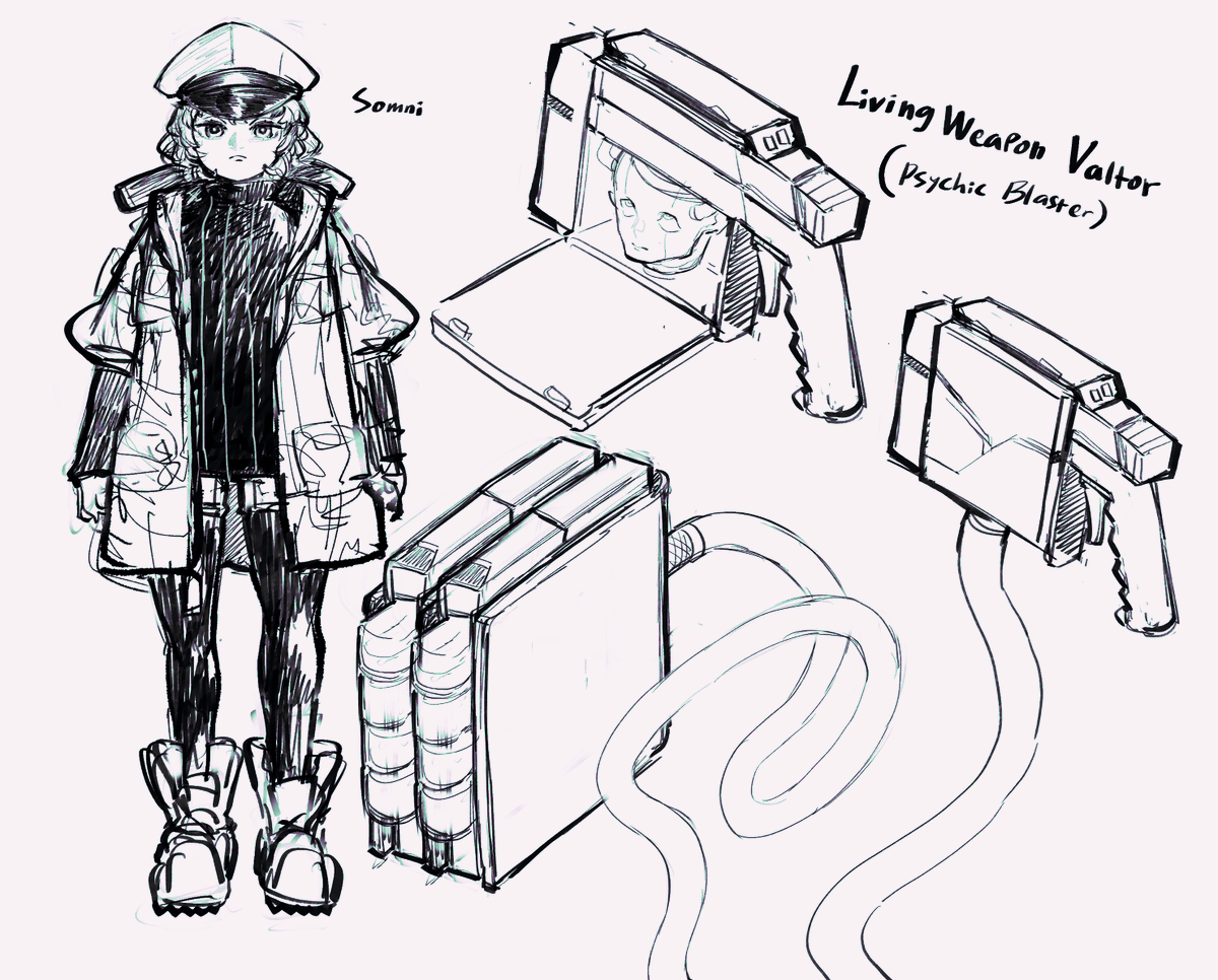 FranzKafkaffee's tweet image. designing cute anime girl : 1.5 hour

designing a weapon : 4 hours of "uhhhh what is geometry machinery??"

(early concept for new oc for...something)